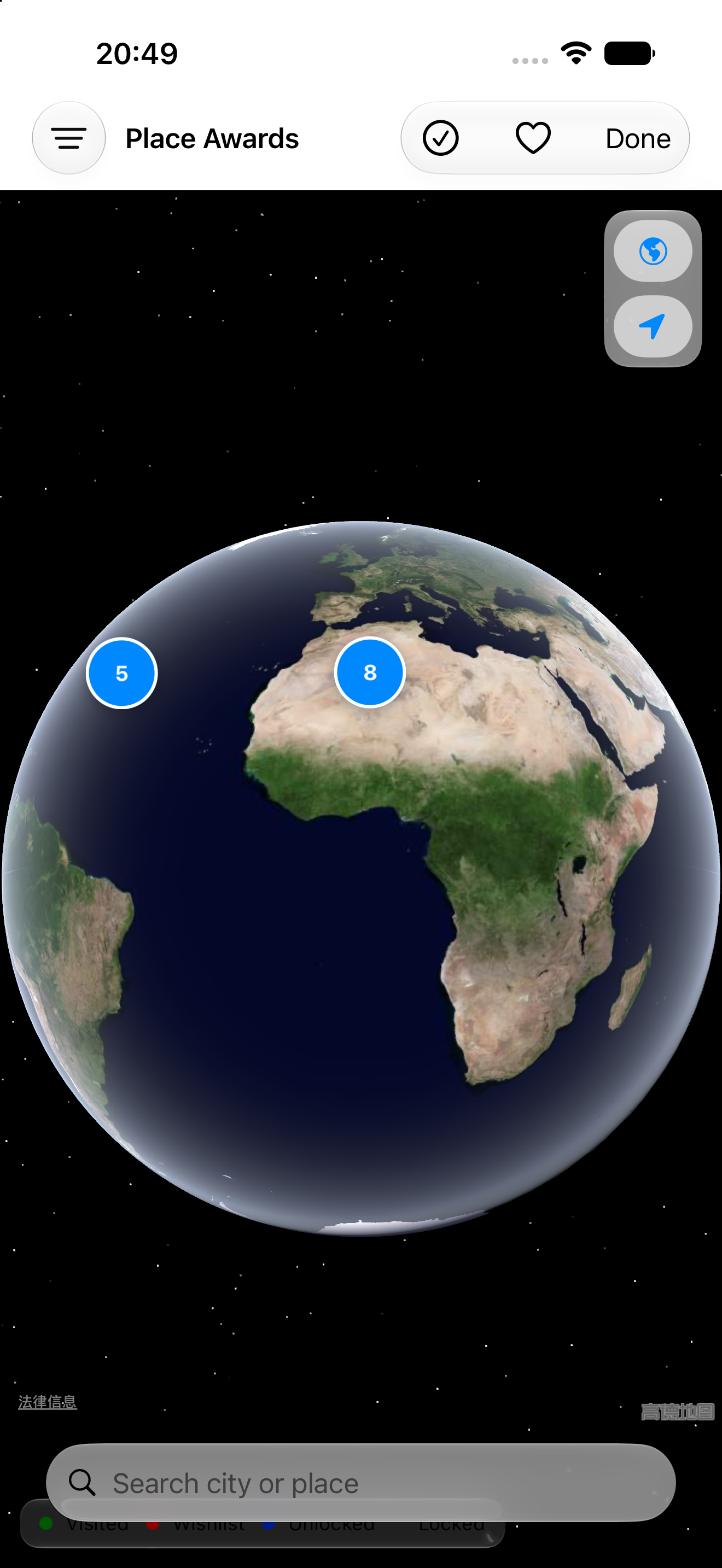 Dueglow Place Awards on iPhone, with an interactive globe and place clusters